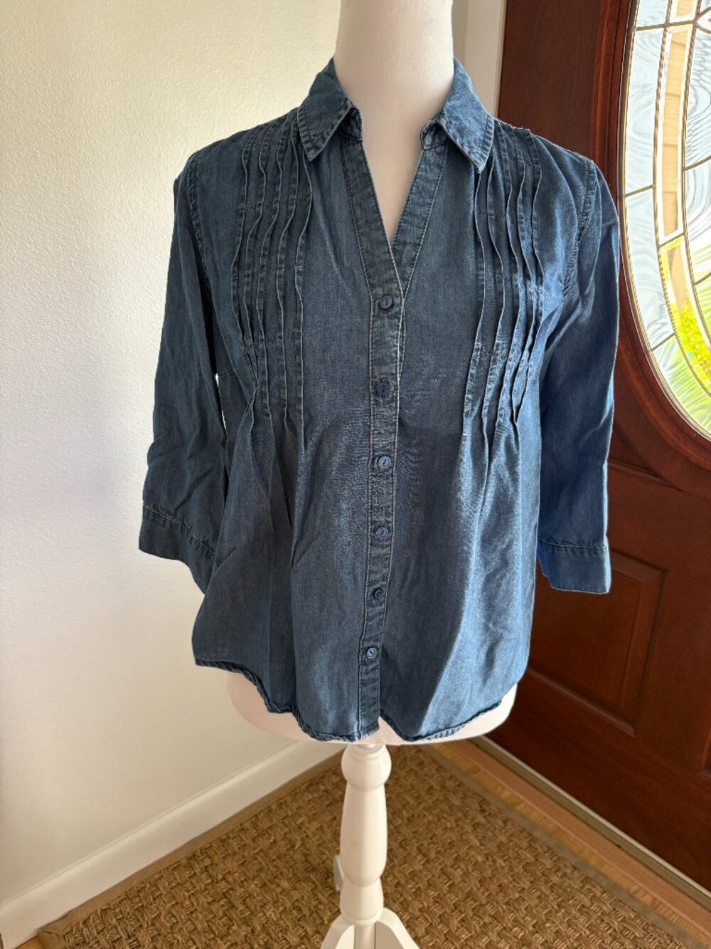 Gloria Vanderbilt Denim Button Down Collared Women's 3/4 Sleeve size PS